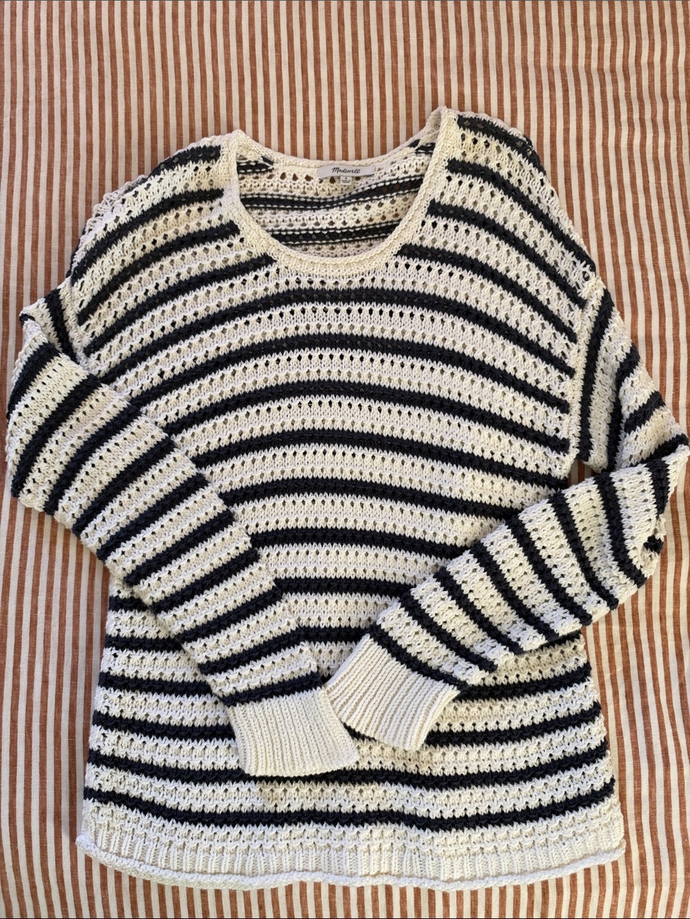 Madewell Navy and Cream Striped Open-Knit Crewneck Sweater